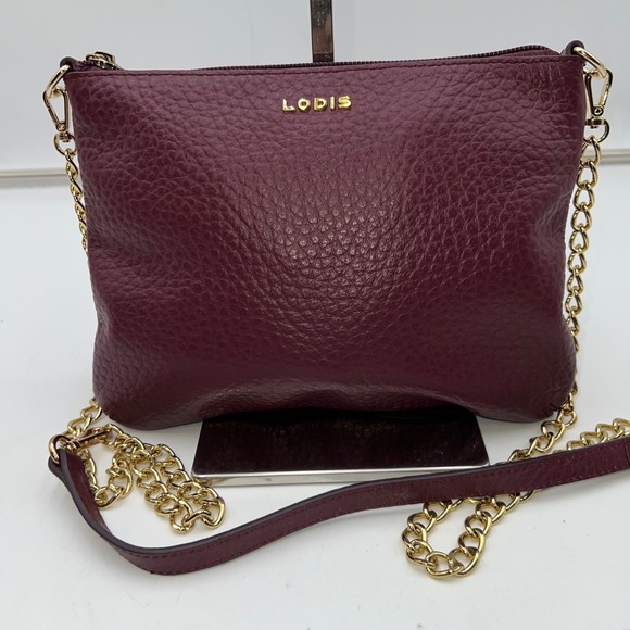 Lodis Handbags - Lodis Burgundy Pebble Leather Crossbody Bag Gold Chain Strap Zip Top